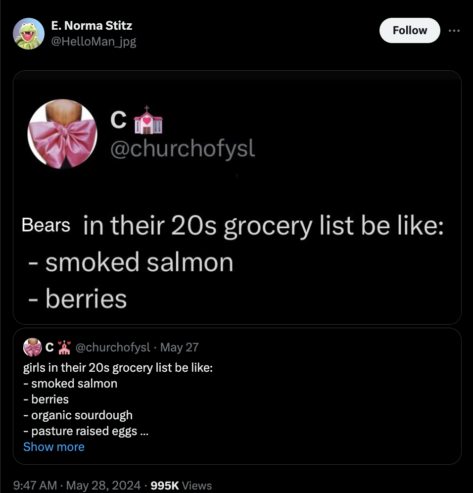 screenshot - E. Norma Stitz Ca Bears in their 20s grocery list be smoked salmon berries C May 27 girls in their 20s grocery list be smoked salmon berries organic sourdough pasture raised eggs... Show more Views